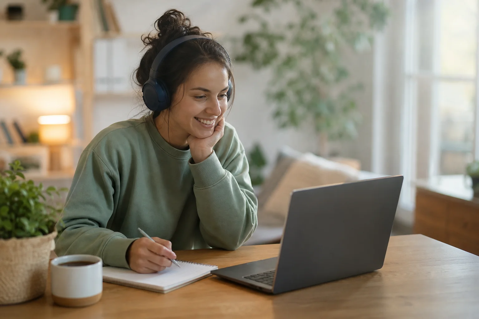 Študentka sa učí jazyk online cez notebook so slúchadlami